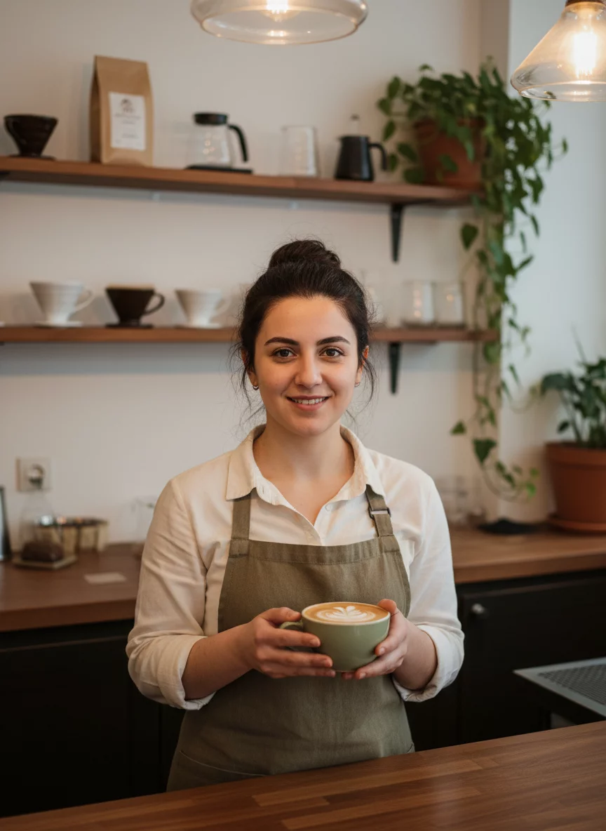 Armenian female barista smiling, holding coffee cup in cafe