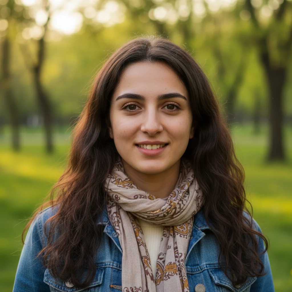 Young Armenian woman with warm smile, casual outdoor style