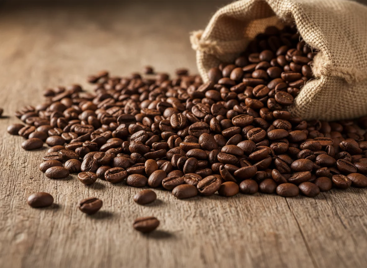 Specialty coffee beans in burlap sack on wooden table, no text