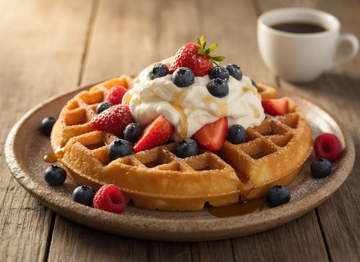 Fresh breakfast waffle with berries and cream on ceramic plate, no text