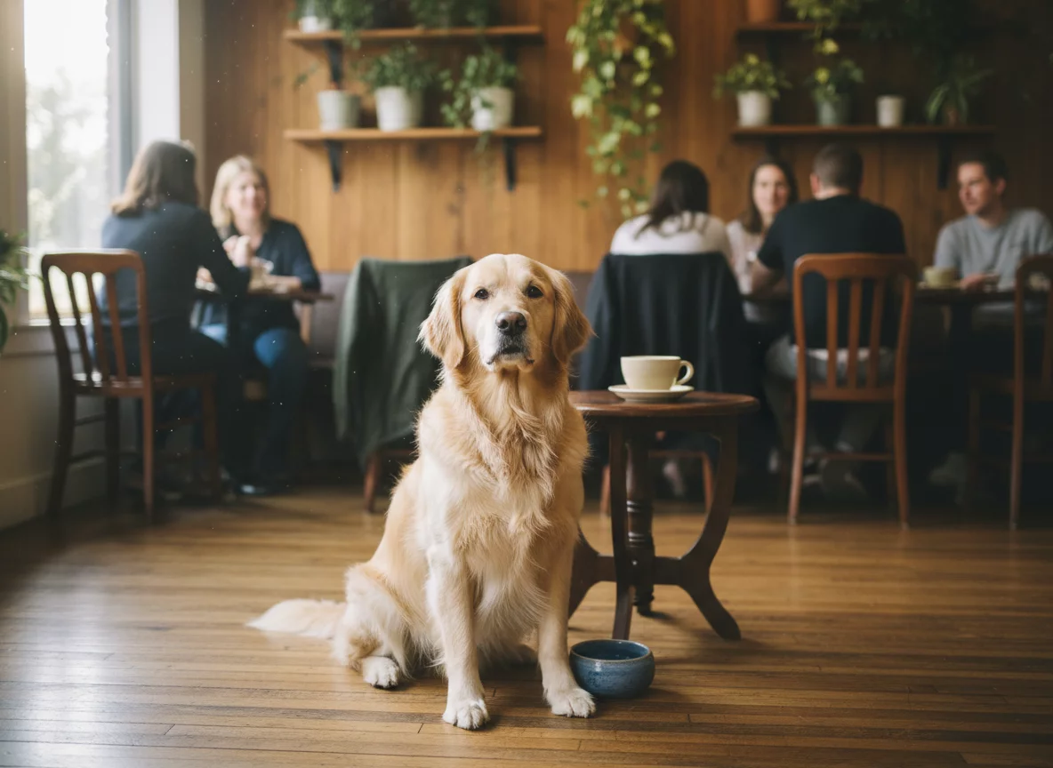 Cute dog sitting next to coffee cup in dog friendly cafe, no text